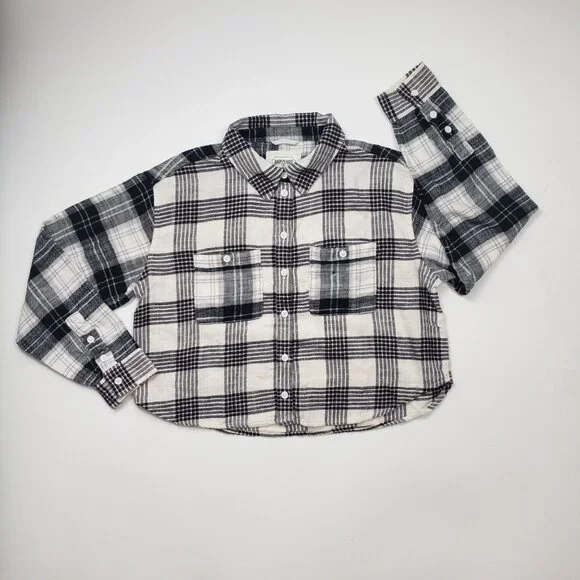 American Eagle Flannel Crop Shirt Women's Medium Black & Cream Plaid Western NWT - Picture 3 of 16